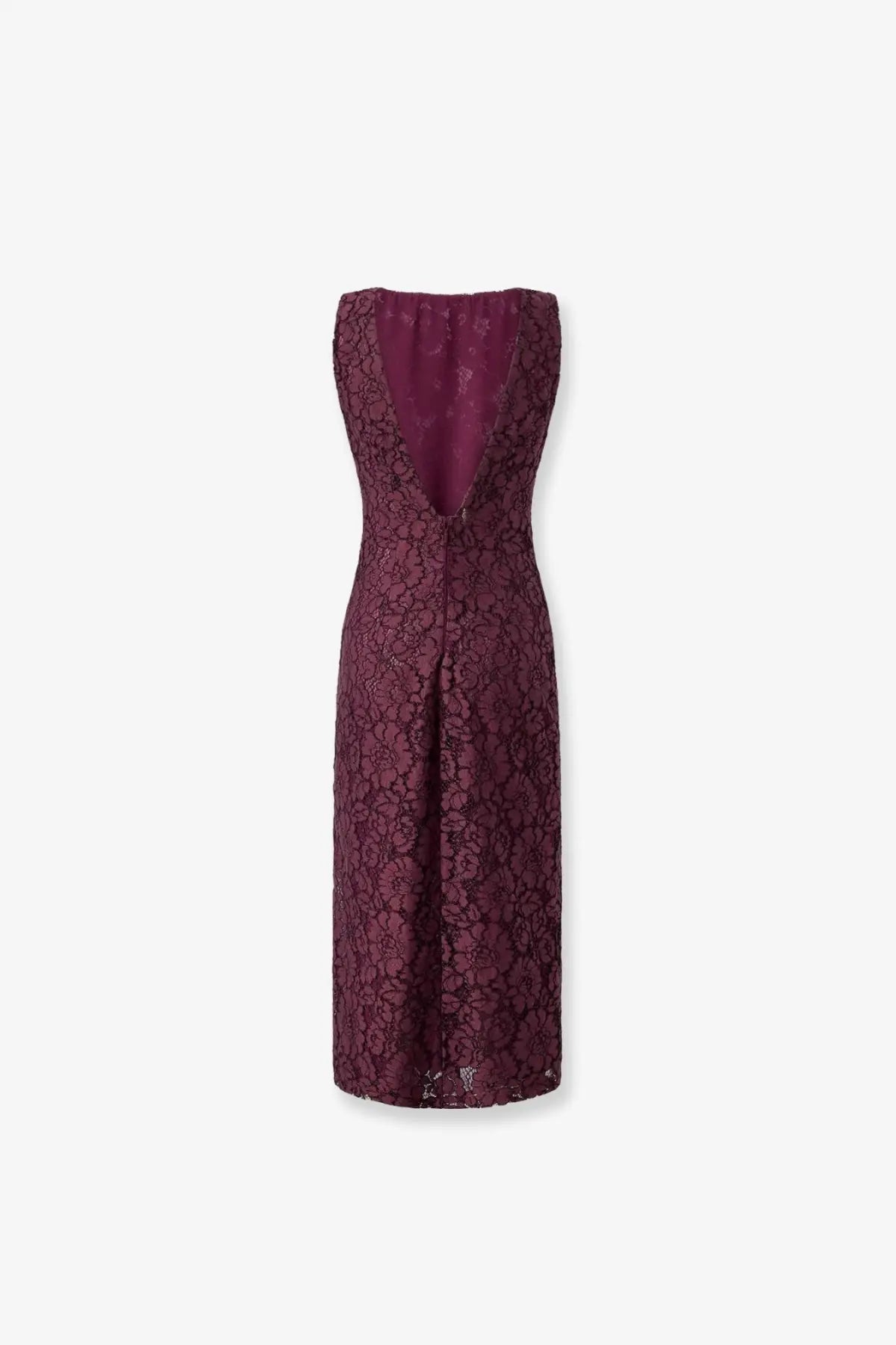 Pinko women’s drupa lace dress in deep burgundy with sleeveless design and plunging back floral pattern shown from back