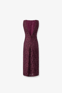 Pinko women’s drupa lace dress in deep burgundy with sleeveless design and plunging back floral pattern shown from back