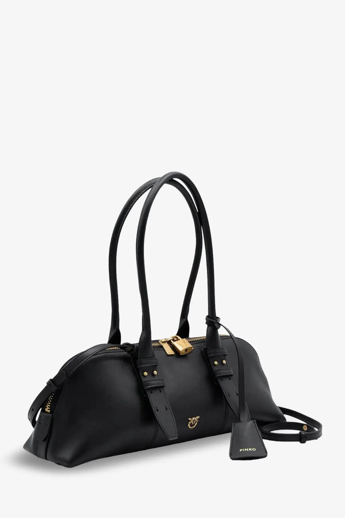 Pinko women’s escape black leather shoulder bag with gold-tone lock and brand logo tag