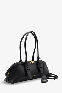Pinko women’s escape black leather shoulder bag with gold-tone lock and brand logo tag