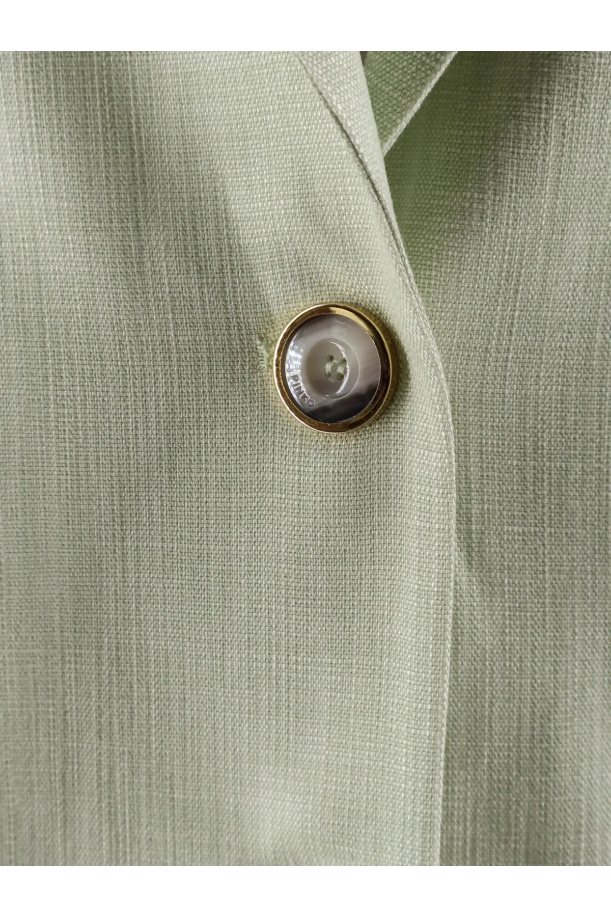 A pinko women’s faith blazer in blue viscose blend featuring a round translucent button with a gold metallic rim