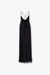 Pinko women’s farro long black satin dress with delicate crisscross straps and subtle glittering embellishments