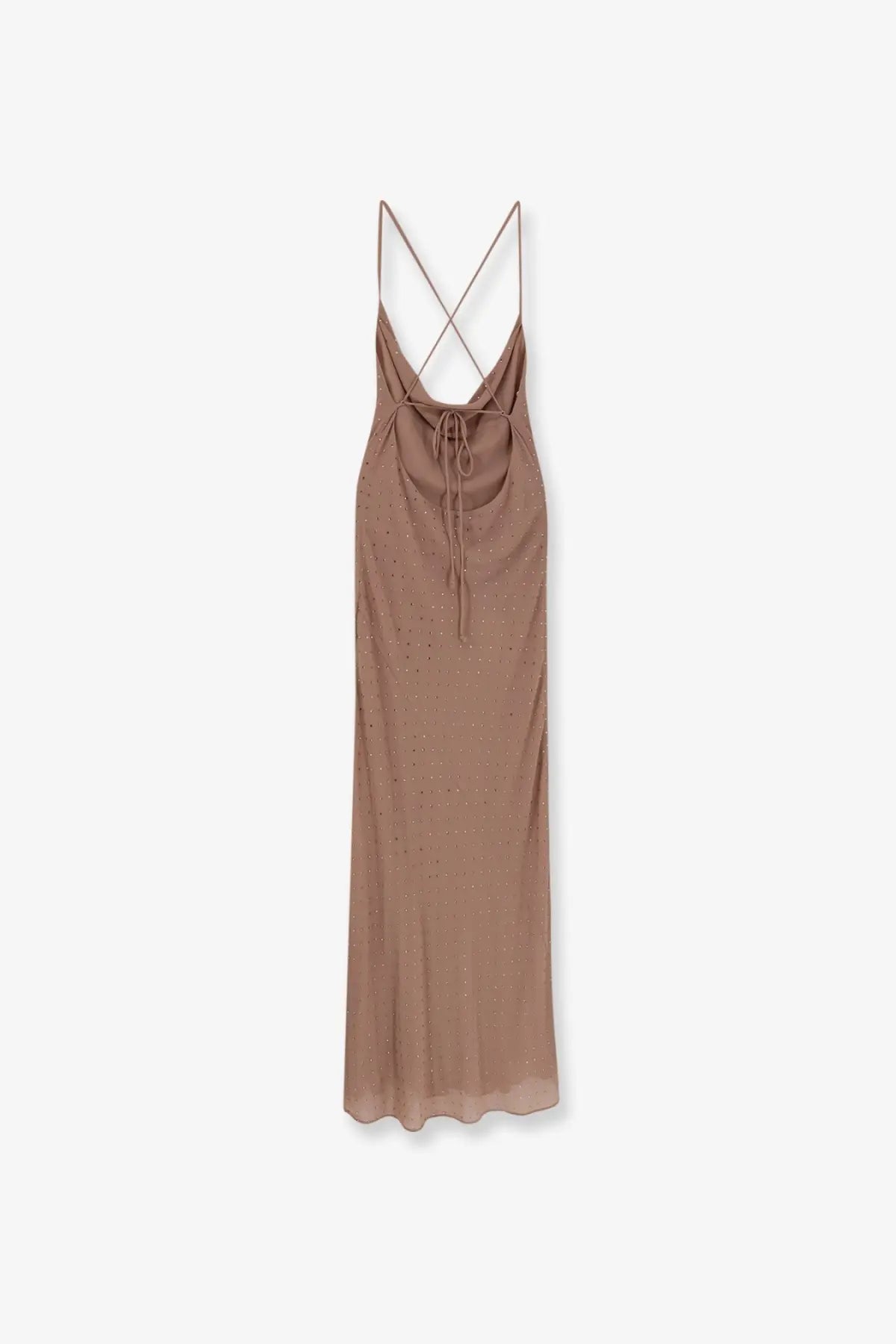 Pinko womens farro long dress in taupe sheer fabric with delicate beading and thin crisscross straps