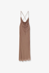 Pinko womens farro long dress in taupe sheer fabric with delicate beading and thin crisscross straps