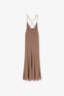 Pinko women’s Farro long dress in taupe satin with delicate crisscross straps and subtle sparkling embellishments