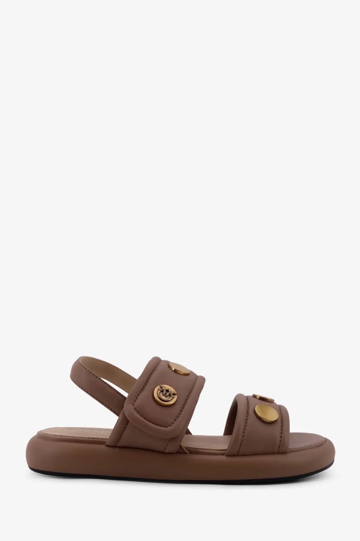 Pinko women’s Fiona flat leather sandals beige with brown leather straps and gold-tone circular buckles on cushioned sole