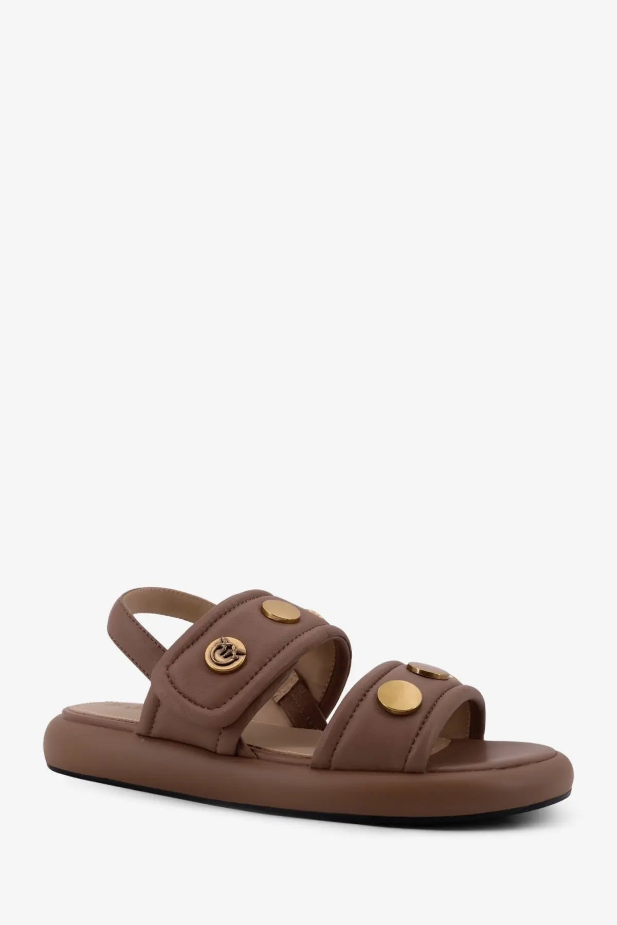 Pinko women’s fiona flat leather sandals in beige with brown leather straps and gold-tone circular buttons on platform sole