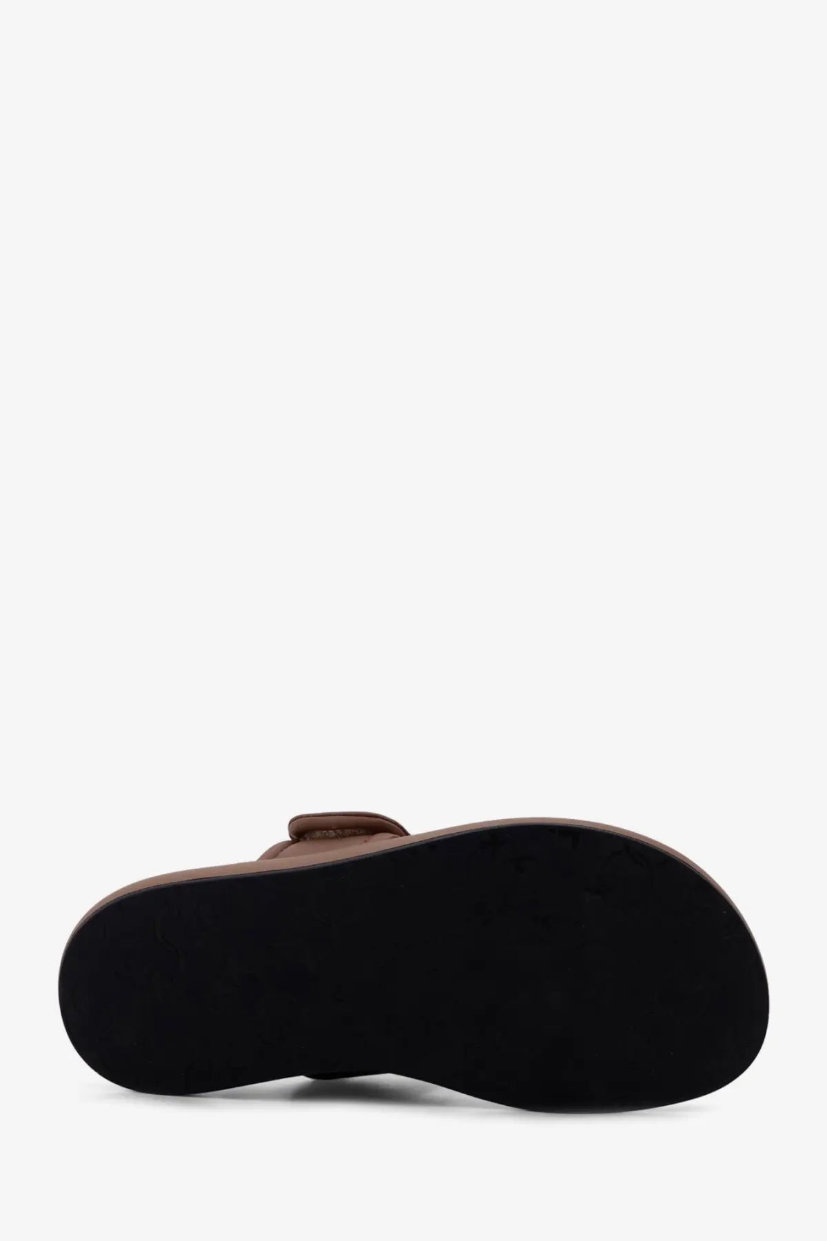 Brown leather pinko women’s fiona flat mule sandal with black rubber sole and back strap detail shown from the back