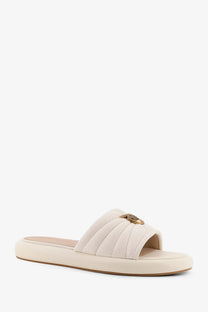 Cream-colored quilted leather slide sandal with gold-toned medusa head clasp pinko women’s fiona sandals white
