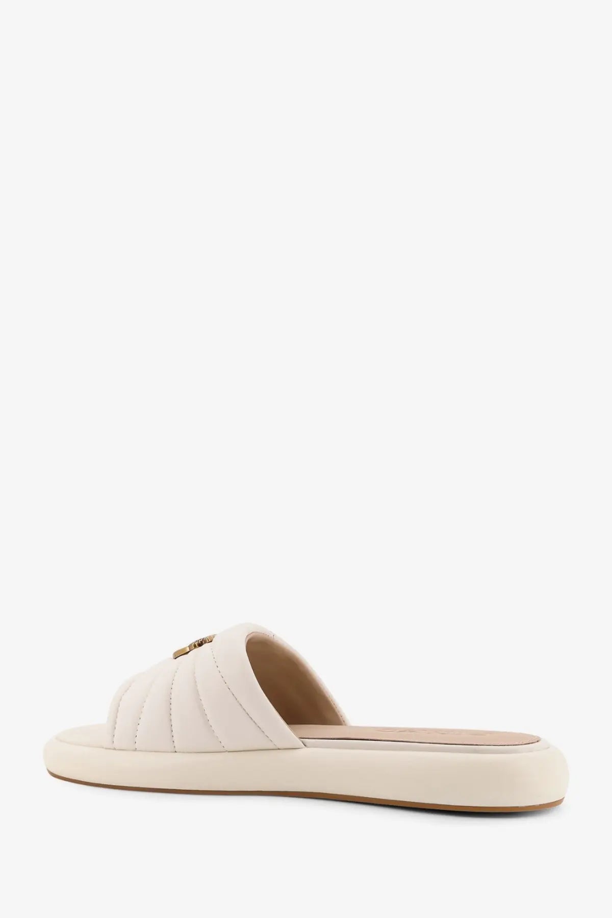Cream-colored quilted leather slide sandal with minimalist design and metallic logo accent pinko women’s fiona sandals white