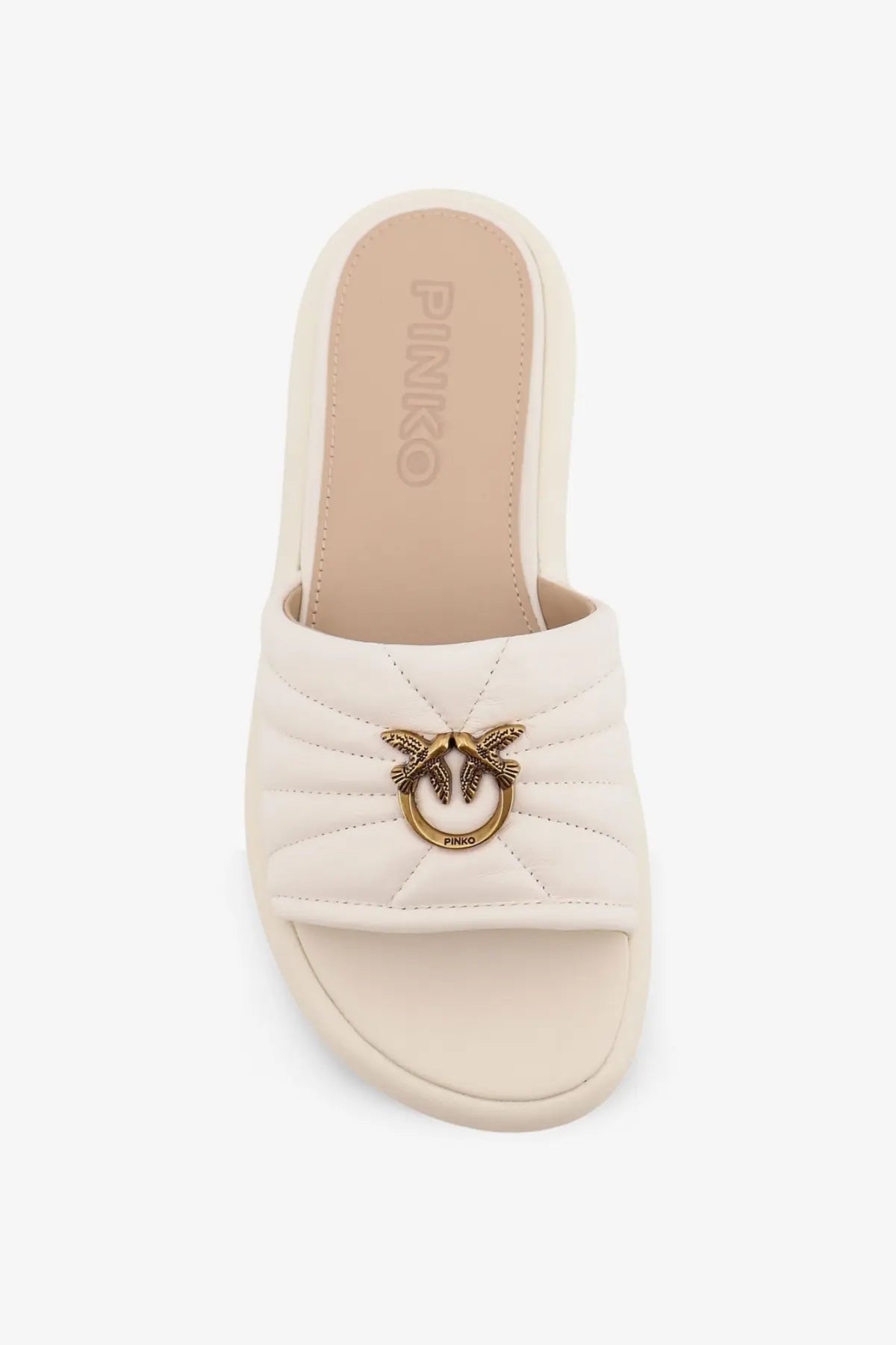 Cream-colored quilted leather slide sandal with gold-tone bird clasp from Pinko womens fiona leather sandals white