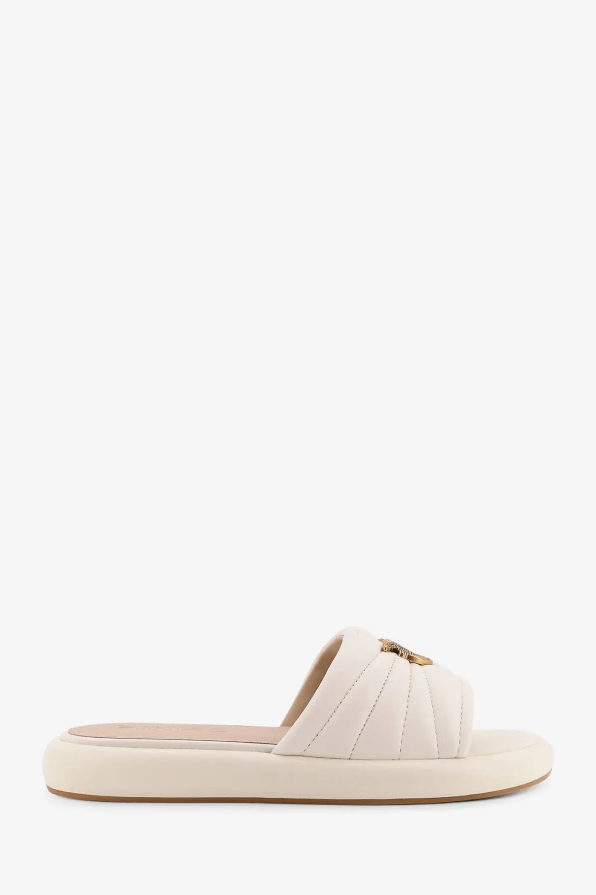 Pinko women’s fiona cream-colored quilted leather slide sandal with gold-tone logo accent in white
