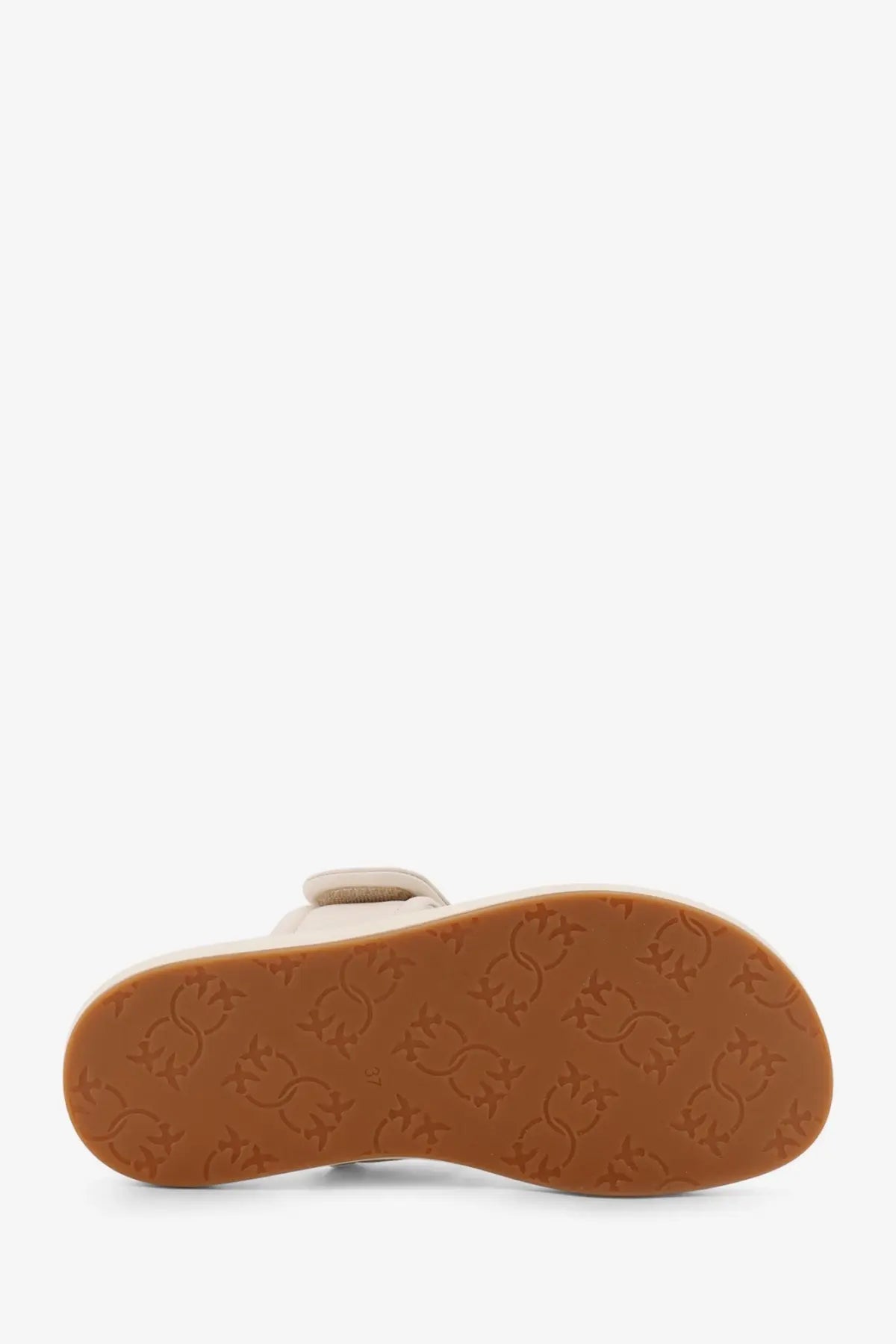 Pinko women’s fiona low beige leather sandal with tan rubber sole and embossed logo pattern
