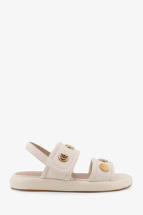 Pinko women’s Fiona low leather sandals white with cream-colored leather and gold-tone circular buckles flat sole