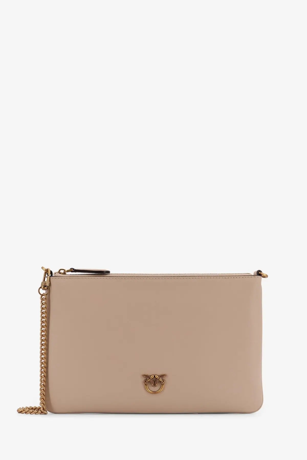 Beige leather clutch by Pinko with gold-tone chain strap and bird-shaped metal clasp shoulder bag design