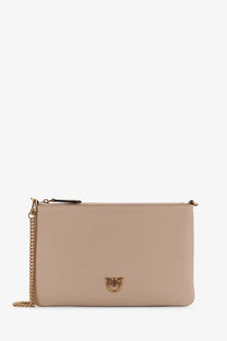 Beige leather clutch by Pinko with gold-tone chain strap and bird-shaped metal clasp shoulder bag design
