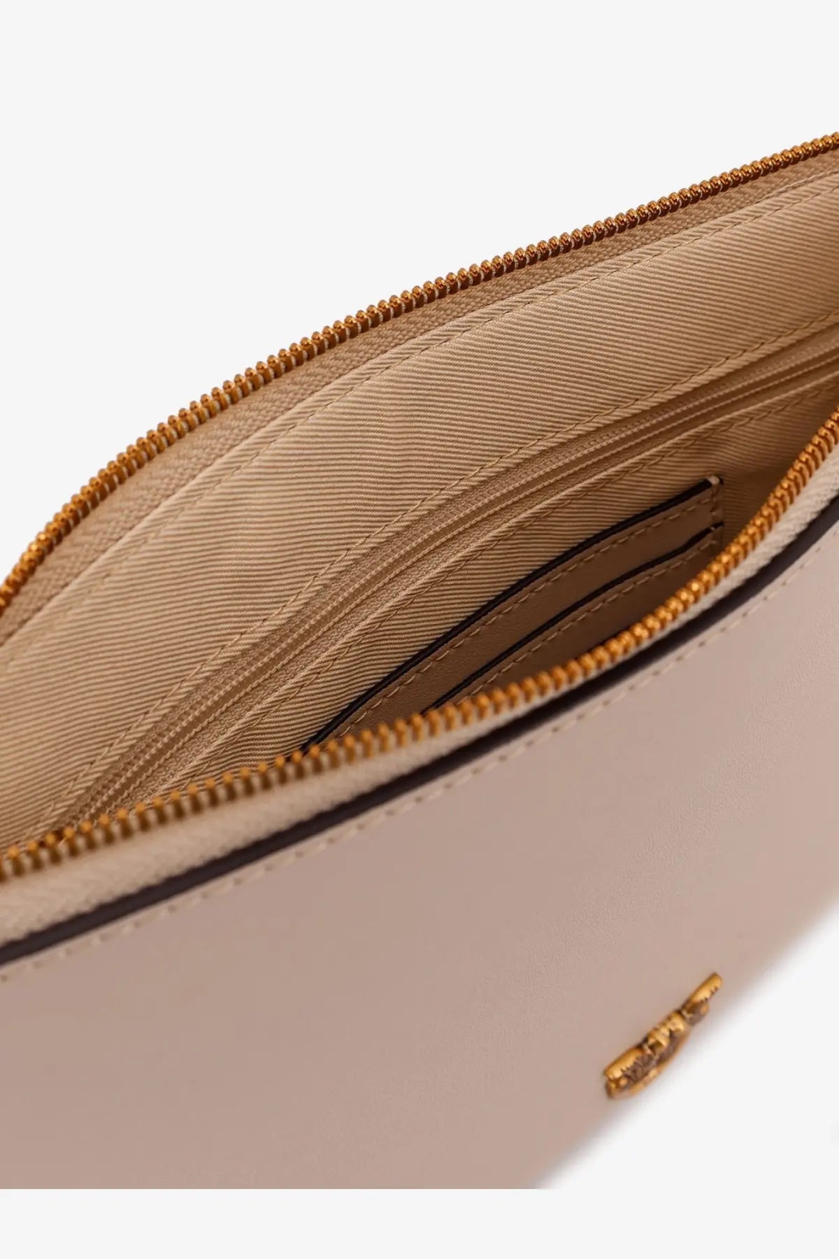Beige leather clutch with gold-tone zipper and stitching from pinko women’s flat love leather shoulder bag collection
