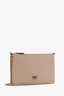 Pinko women’s flat love leather shoulder bag beige with gold-tone chain strap and small bee emblem clutch style