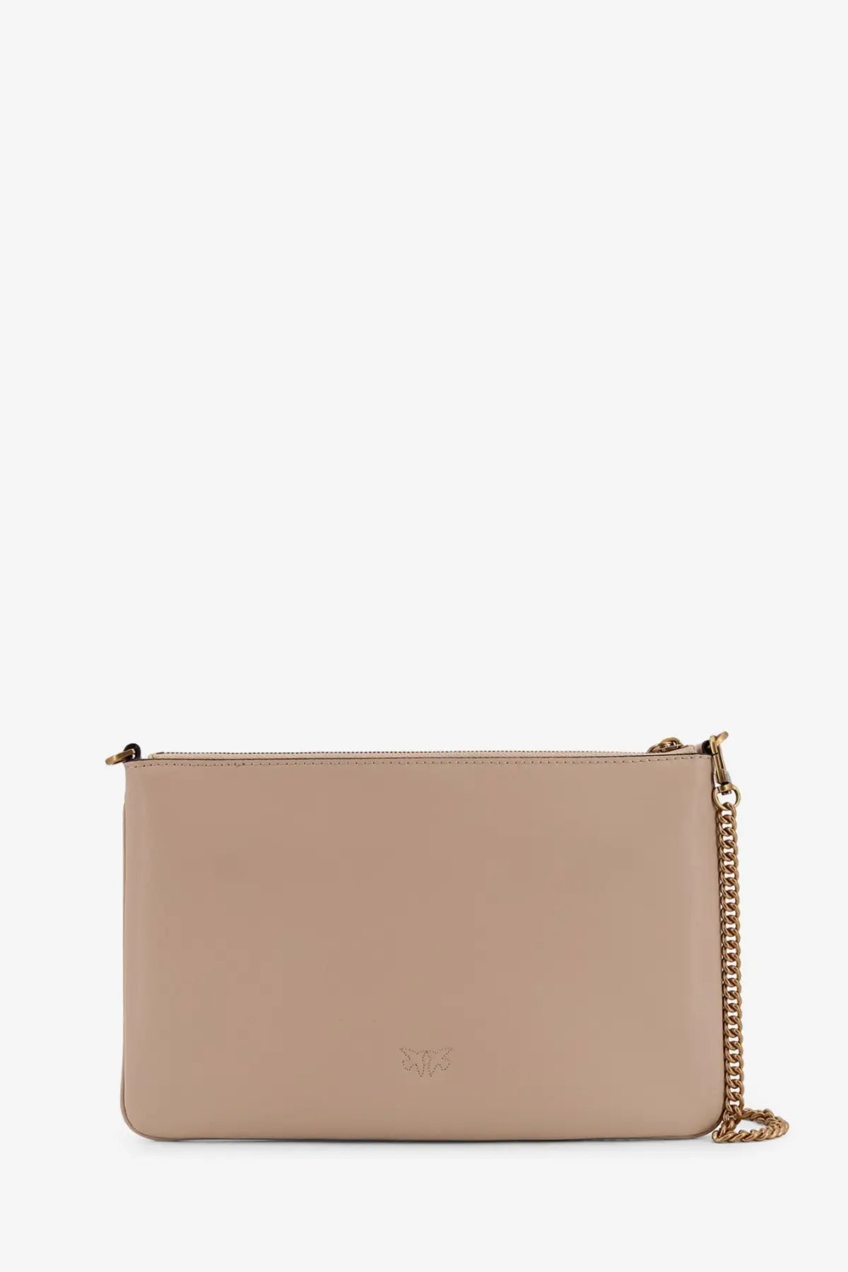 Beige leather Pinko women’s flat love shoulder bag with gold-tone chain strap and subtle embossed logo