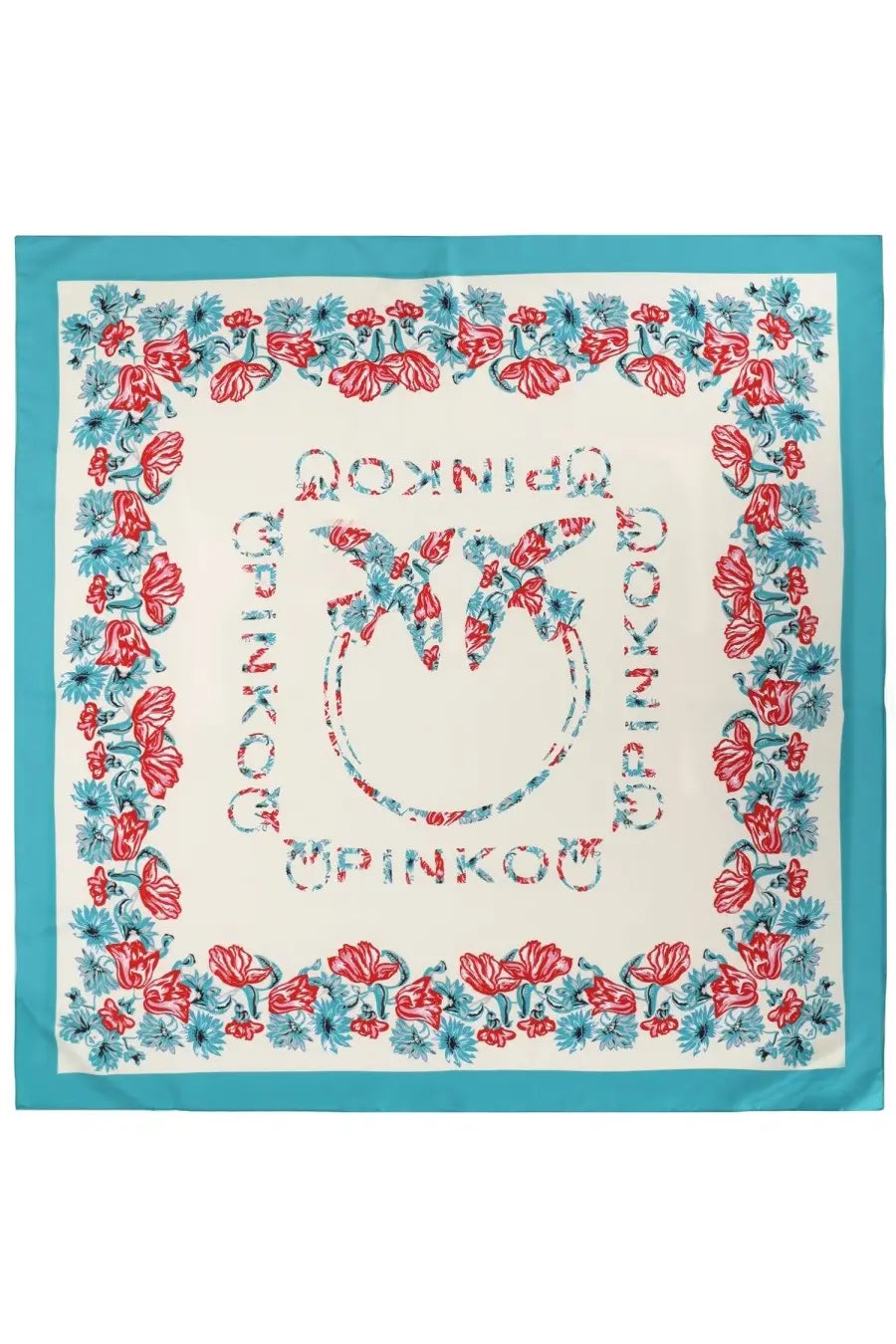 Pinko women’s square silk foulard with vibrant red and blue floral border and pinko logo at center