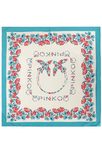 Pinko women’s square silk foulard with vibrant red and blue floral border and pinko logo at center