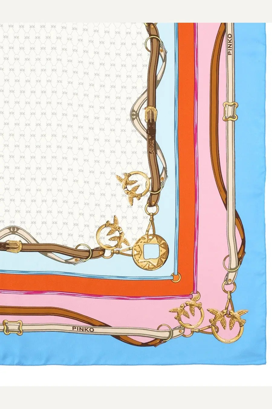 Pinko women’s foulard silk scarf with vibrant pink orange and light blue borders featuring gold horse tack motifs