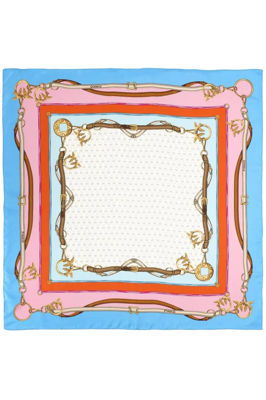 Pinko womens foulard silk scarf in vibrant pink and blue with intricate horse harness design and gold accents