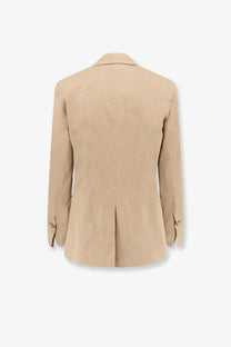 Pinko women’s Freda beige linen and viscose blazer with classic tailored fit and subtle texture