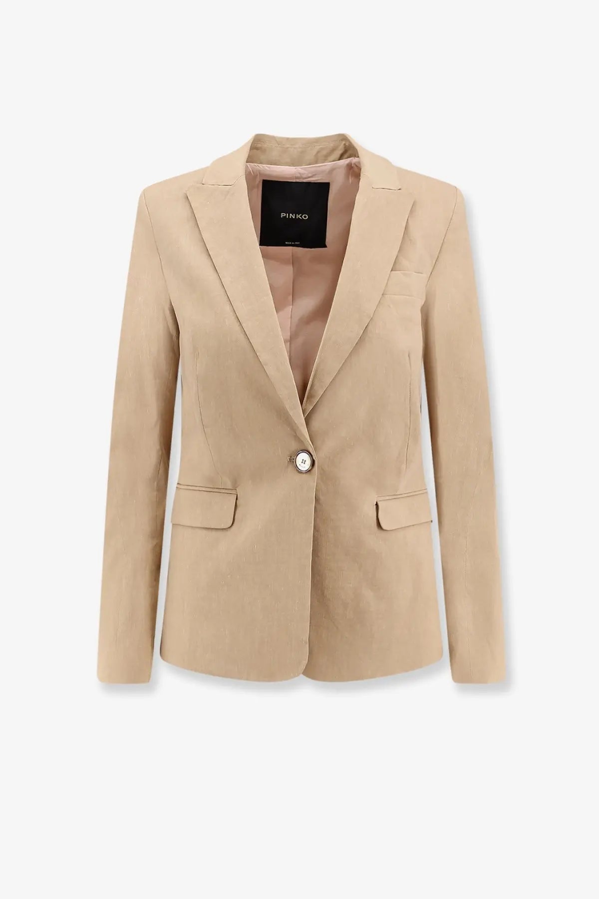 Beige pinko women’s freda blazer in linen and viscose with single button closure and two front flap pockets