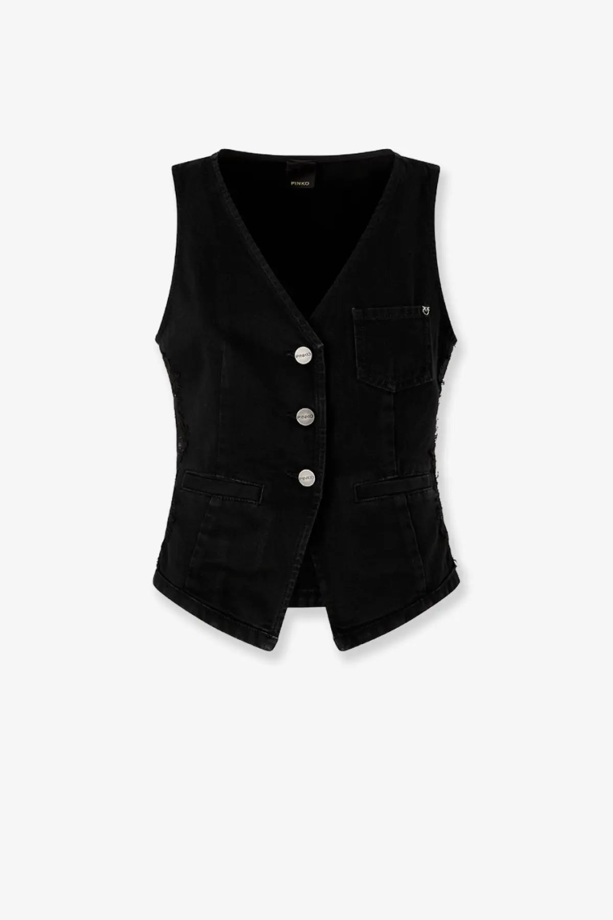 Pinko women’s gardener black denim vest with silver buttons v-neckline made of cotton material