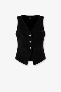 Pinko women’s gardener black denim vest with silver buttons v-neckline made of cotton material