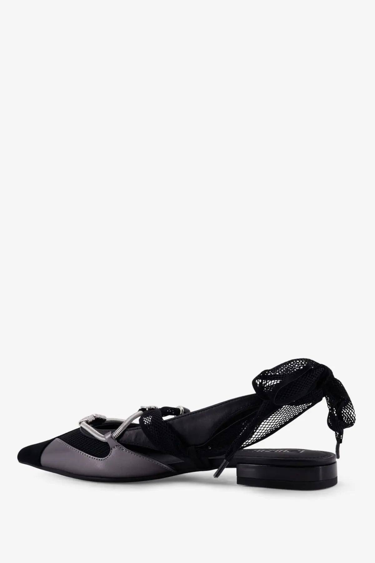 Pinko women’s Gianira leather ballerinas in black with gray pointed toes and mesh bow detail on the side