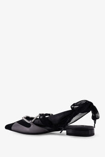 Pinko women’s Gianira leather ballerinas in black with gray pointed toes and mesh bow detail on the side
