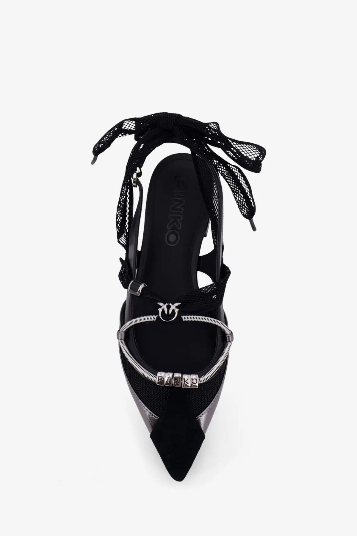 Pinko women’s gianira black leather ballerinas with high heel mesh straps silver zipper and branded logo charm