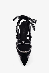 Pinko women’s gianira black leather ballerinas with high heel mesh straps silver zipper and branded logo charm