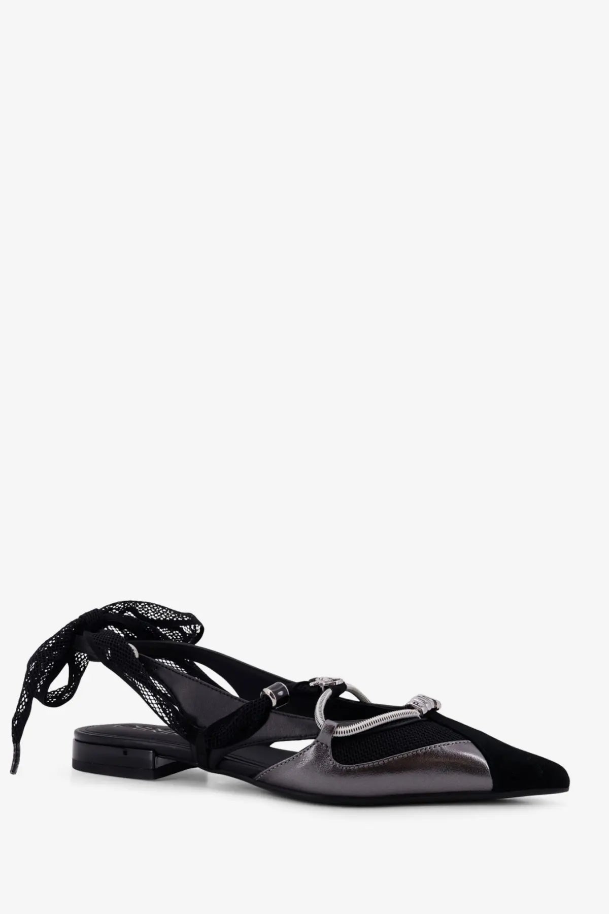 Pinko women’s gianira leather black and metallic gray flat sandals with mesh tie strap and decorative metal buckle