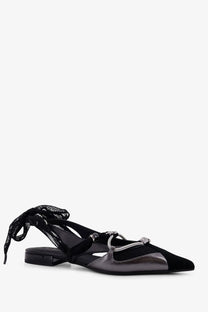 Pinko women’s gianira leather black and metallic gray flat sandals with mesh tie strap and decorative metal buckle