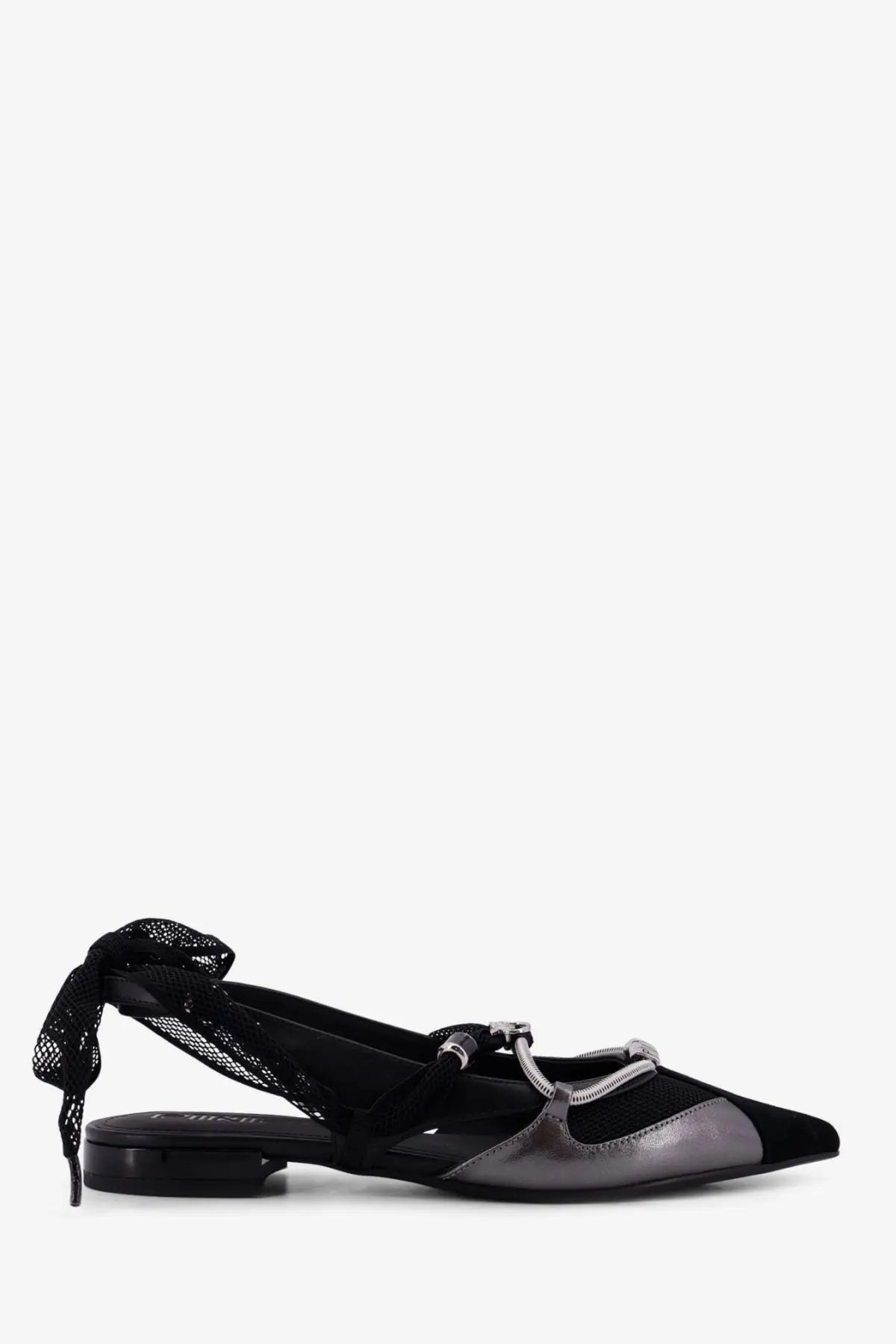 Pinko women’s gianira leather ballerinas in black with metallic gray flat sandal design lace-up tie mesh and silver hardware