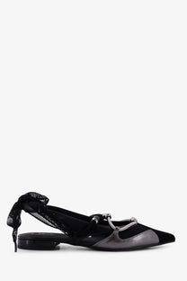 Pinko women’s gianira leather ballerinas in black with metallic gray flat sandal design lace-up tie mesh and silver hardware