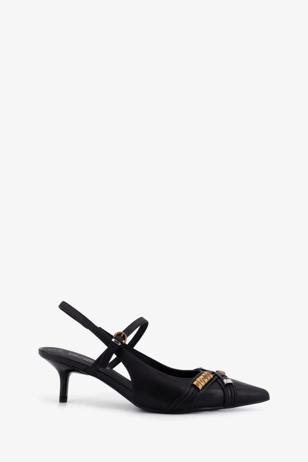 Pinko women’s gloria leather pumps black featuring black satin slingback with gold-tone buckle and metallic strap detail
