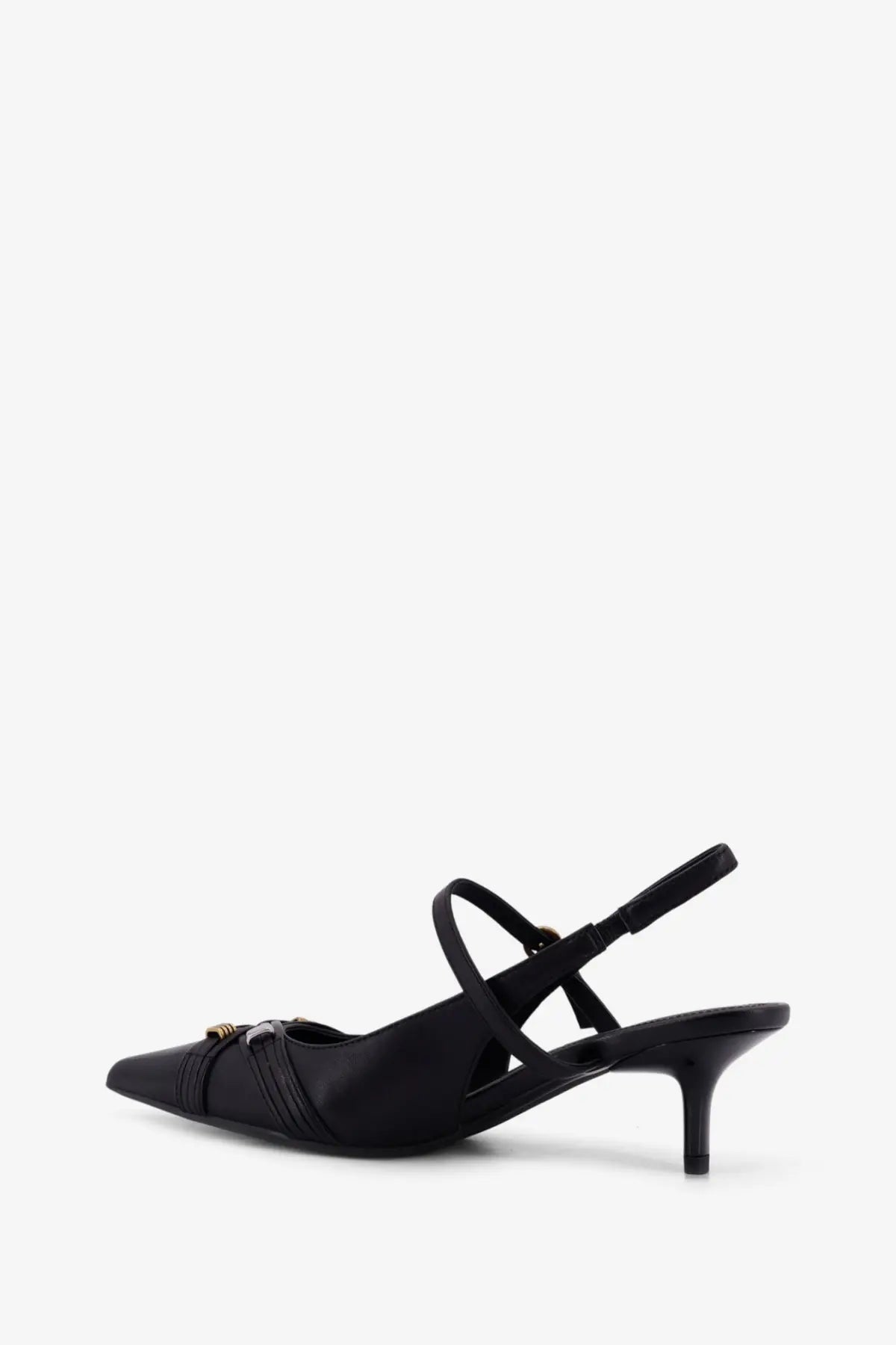 Black satin slingback pump with pointed toe and gold-tone buckle detail from Pinko women’s Gloria leather pumps black