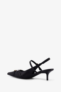 Black satin slingback pump with pointed toe and gold-tone buckle detail from Pinko women’s Gloria leather pumps black