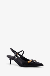 Pinko women’s gloria black leather slingback pump with gold-tone buckle and bamboo-style toe accents