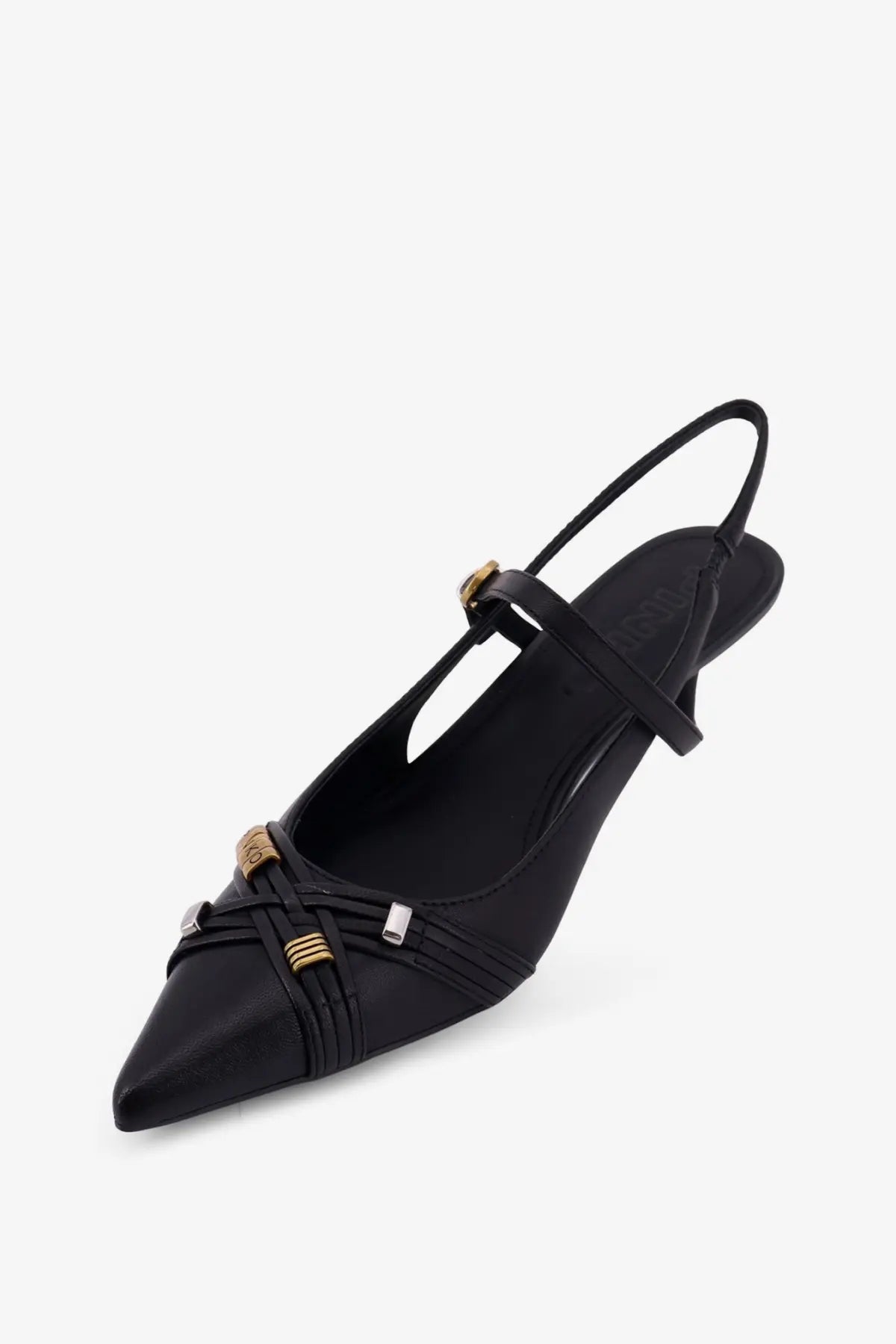 Pinko women’s Gloria leather pumps in black with gold tone and silver hardware accents and slingback design