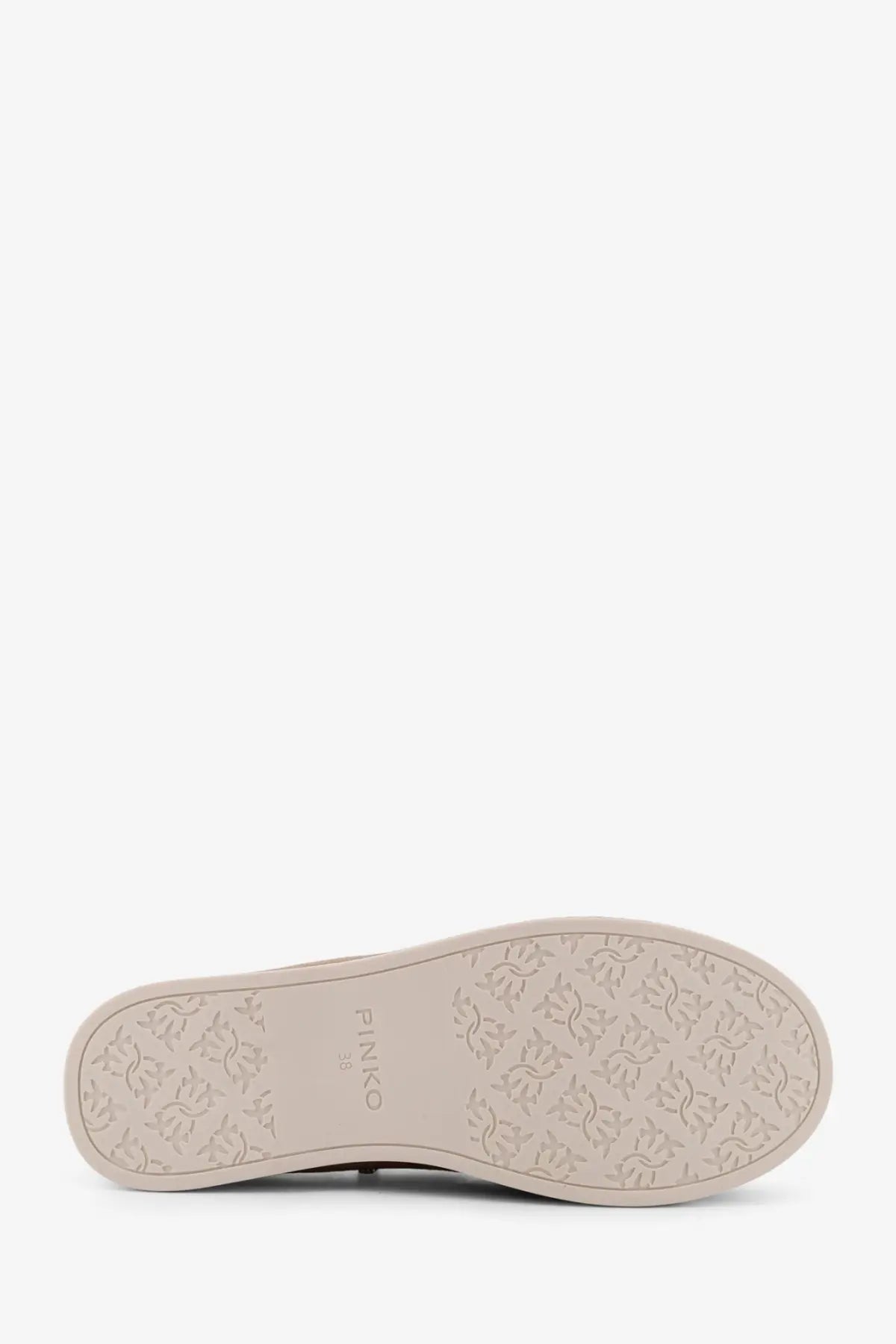 Beige rubber sole with embossed logo pattern and pinko branding on pinko women’s grace suede loafers