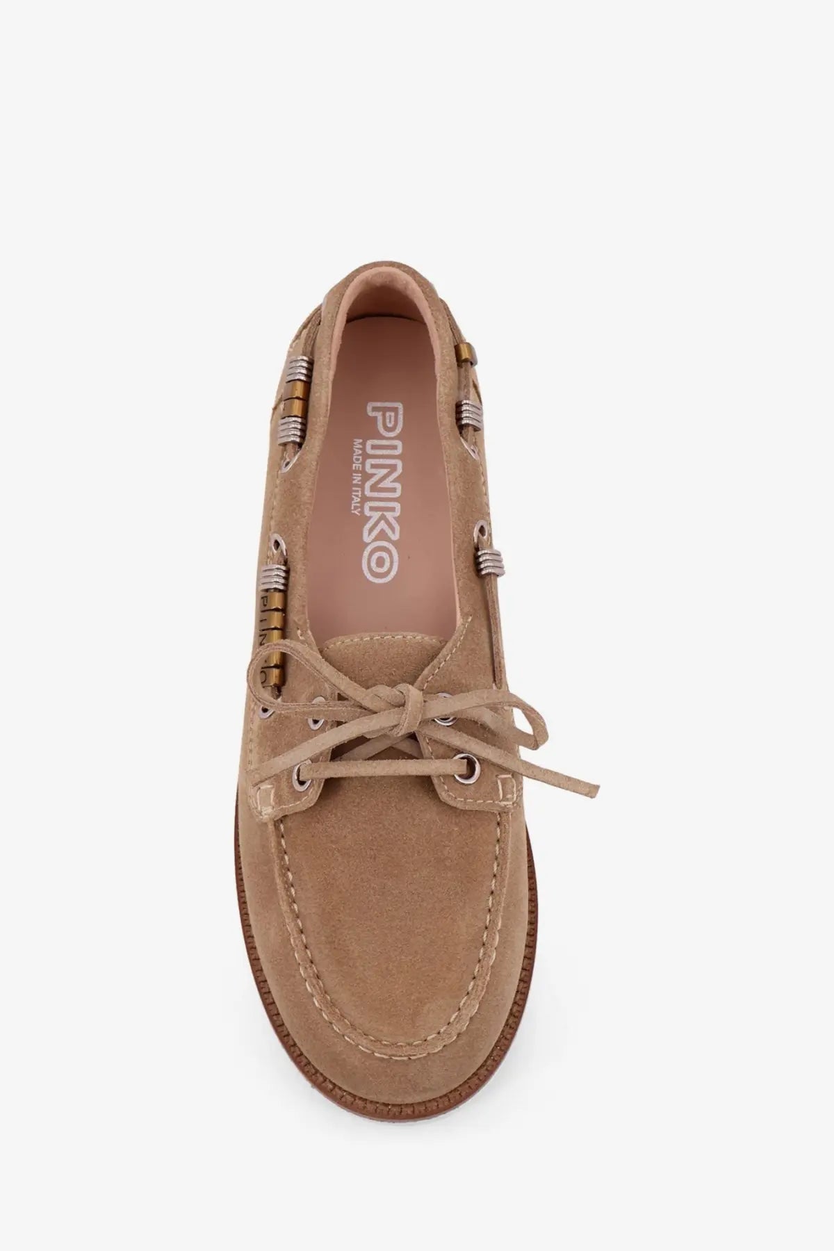 Pinko women’s grace suede loafers in tan with beige laces and metallic eyelets featuring a classic nautical design