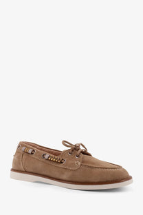 Pinko women’s grace suede loafers beige in tan with decorative beaded eyelets and white rubber sole boat shoe style