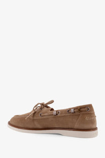 Pinko womens grace beige suede loafers featuring tan suede boat shoe design with matching laces and silver eyelets