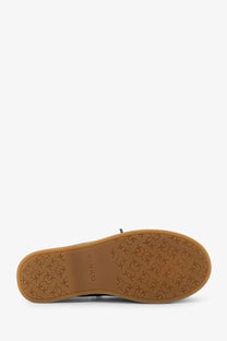 Tan rubber sole with repeating embossed logo pattern and finko branding on pinko women’s grace suede loafers blue