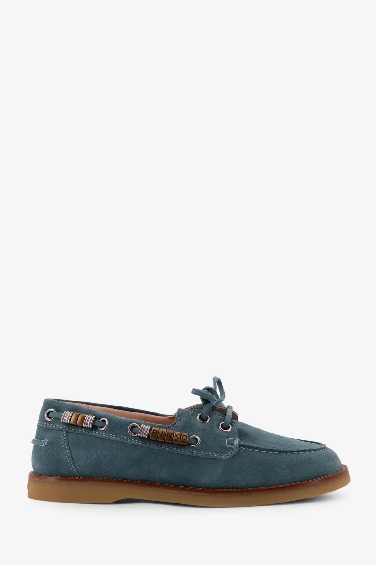 Pinko women’s grace suede loafers blue in teal suede with brown rubber sole and wooden beads on lacing eyelets